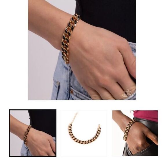 Paparazzi Painted Prelude Curb-Link Bracelet Gold-tone Black Enamel Adjustable - Picture 3 of 3